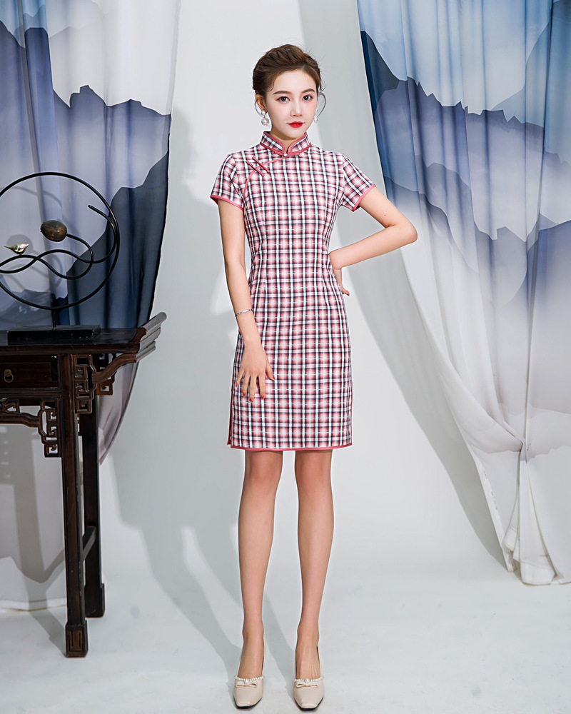 格子旗袍2022年新款气质少女款复古旗袍民国风改良版连衣裙可批发