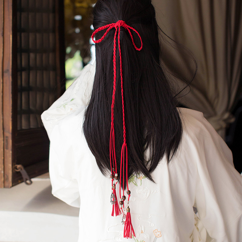 复古红头绳古风发带宫绦 超仙流苏编发发绳汉服配饰古装头饰