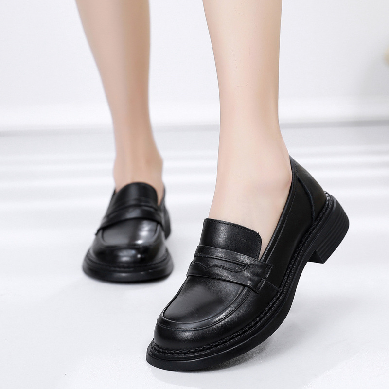 宽头小皮鞋真皮圆头2022春新款软底软面女鞋脚胖脚宽骨大头乐福鞋