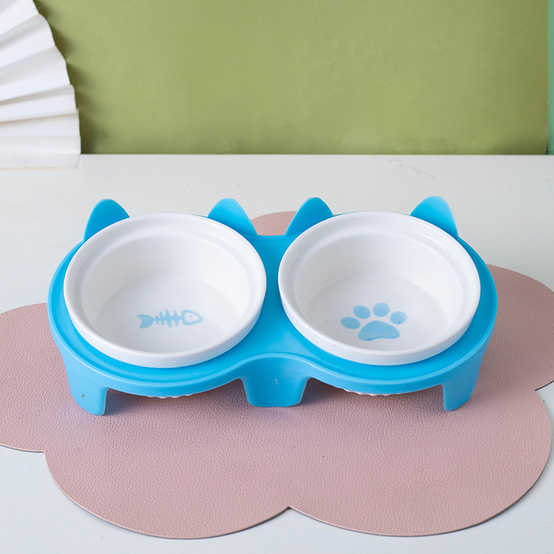 Cat Bowl Ceramic Double Bowl Water Bowl Protective Cervical Spine High Foot Oblique Cat Food Bowl Drinking Bowl Pet Bowl Pet Supplies