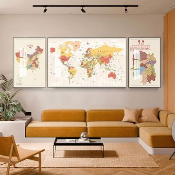 中英文中国世界地图挂画办公室客厅沙发背景墙装饰画现代三联壁画