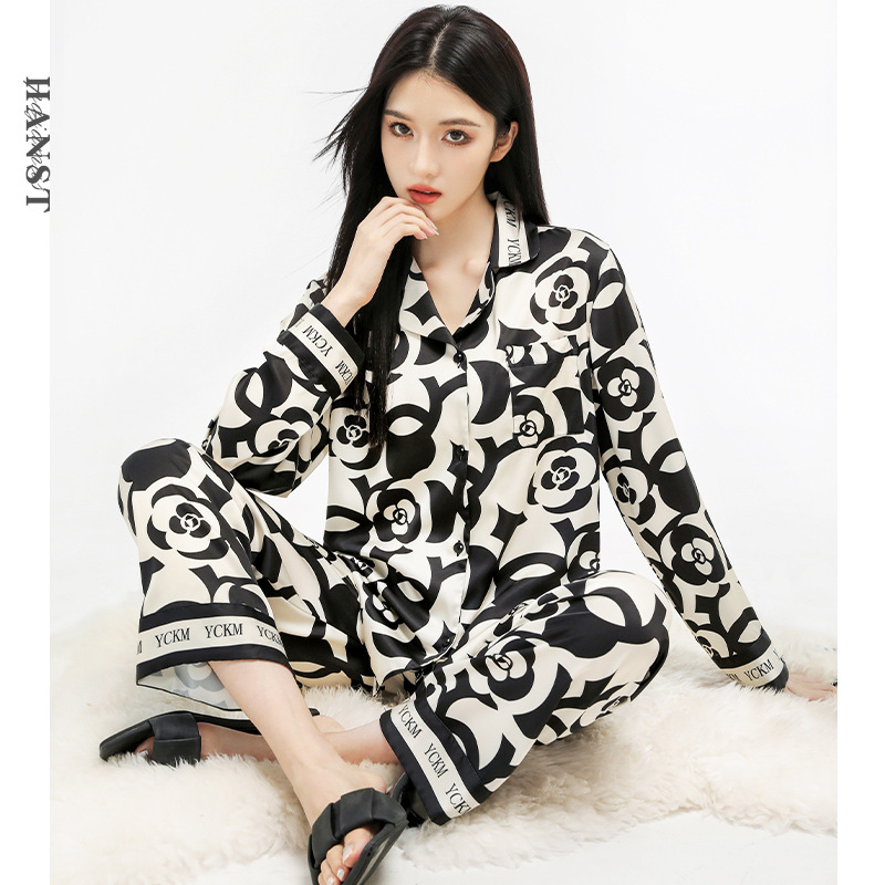 春秋季薄款冰丝睡衣女高级感长袖休闲透气丝绸女士家居服套装代发睡衣