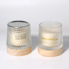 橡胶木竖纹格子玻璃杯香薰蜡烛容器烛台香薰石水晶原石容器
