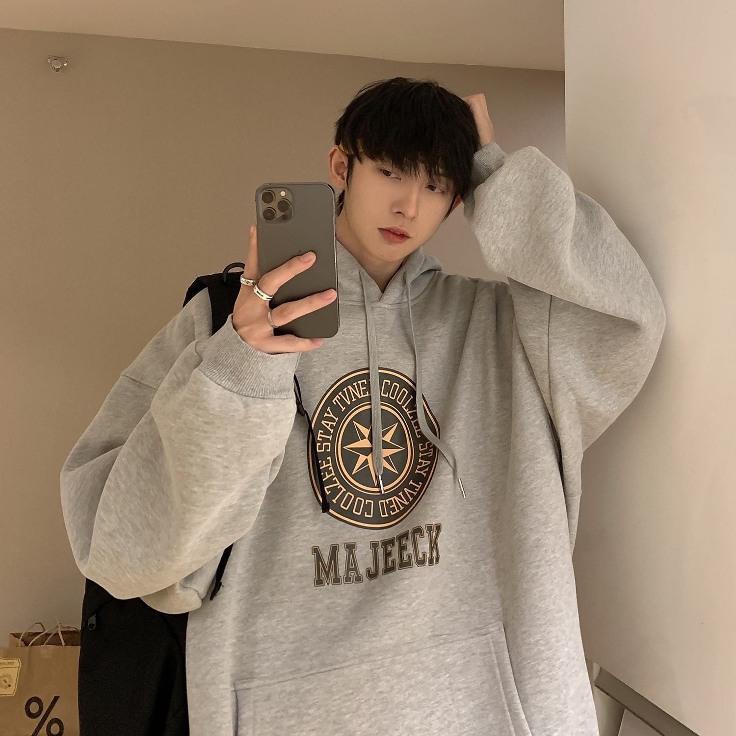 港风青少年长袖卫衣上衣秋季外套宽松风格连帽学生大码潮流套头衣