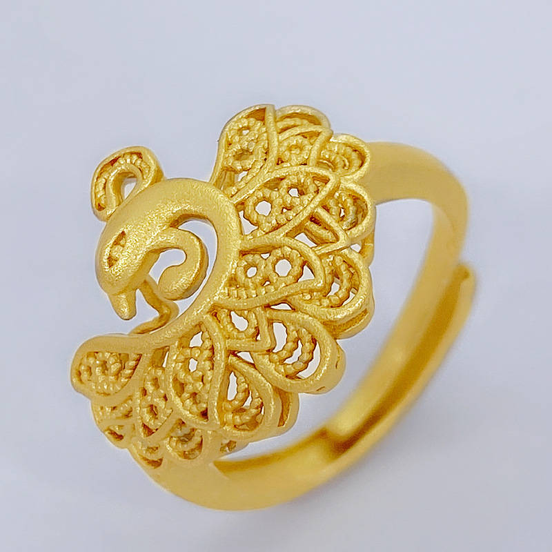 镂空凤尾戒指 越南沙金镀黄金典雅民族风动物孔雀开屏开口指环女