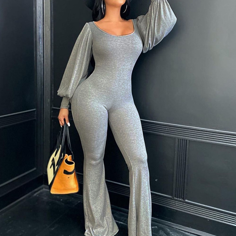 欧美跨境外贸女装秋冬新款圆领灯笼袖坑条性感紧身阔腿裤连体裤女