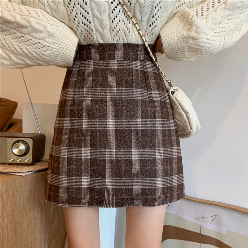 格子毛呢半身裙女秋冬新款小个子韩版复古高腰chic包臀a字短裙子