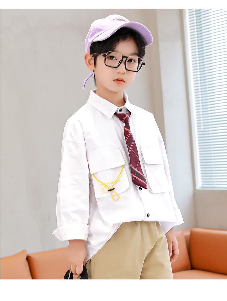 儿童白衬衣男童新款中大童休闲白色衬衫秋男孩帅气领带上衣潮stdd