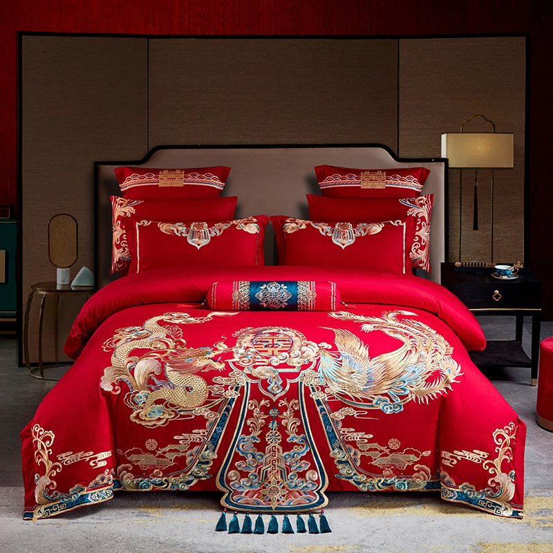 High-End Wedding 120 Double-Strand Long-Staple Cotton Embroidered Red Four-Piece Set Happy Dragon and Phoenix