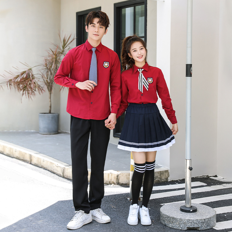 中学生校服 毕业班服红衬衣短裙套装舞台表演服合唱团印logo批发
