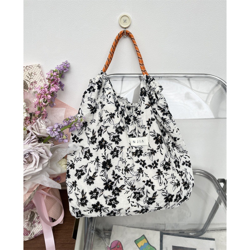 amazon cross-border supply/floral canvas bag large capacity tote bag drawstring shoulder bag ins style casual bag