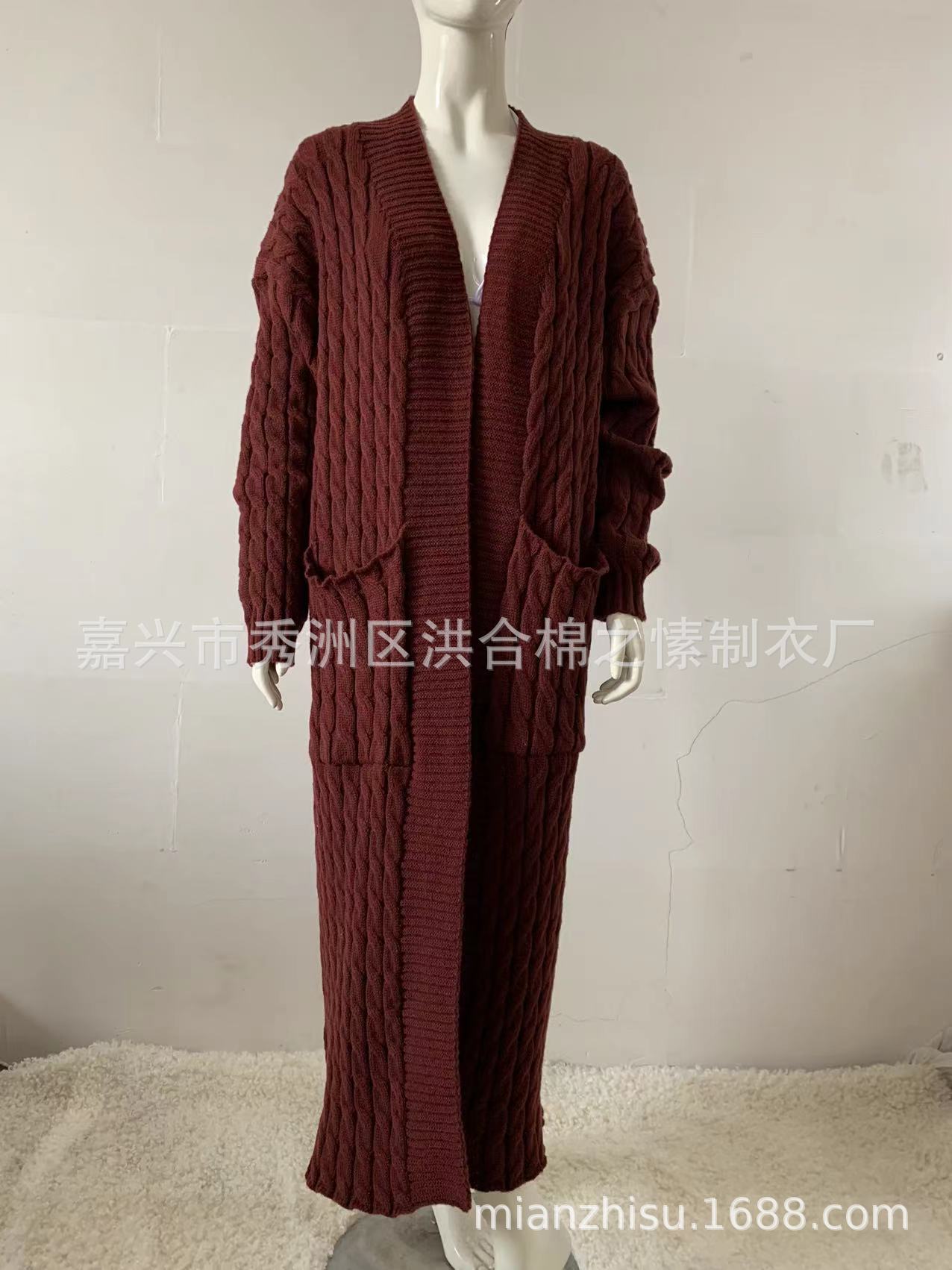 2023 Cross-Border Long Knitwear Coat Cardigan Amazon Pocket a Long Sweater Thickened Coat European and American Women's Clothing New Women Clothes