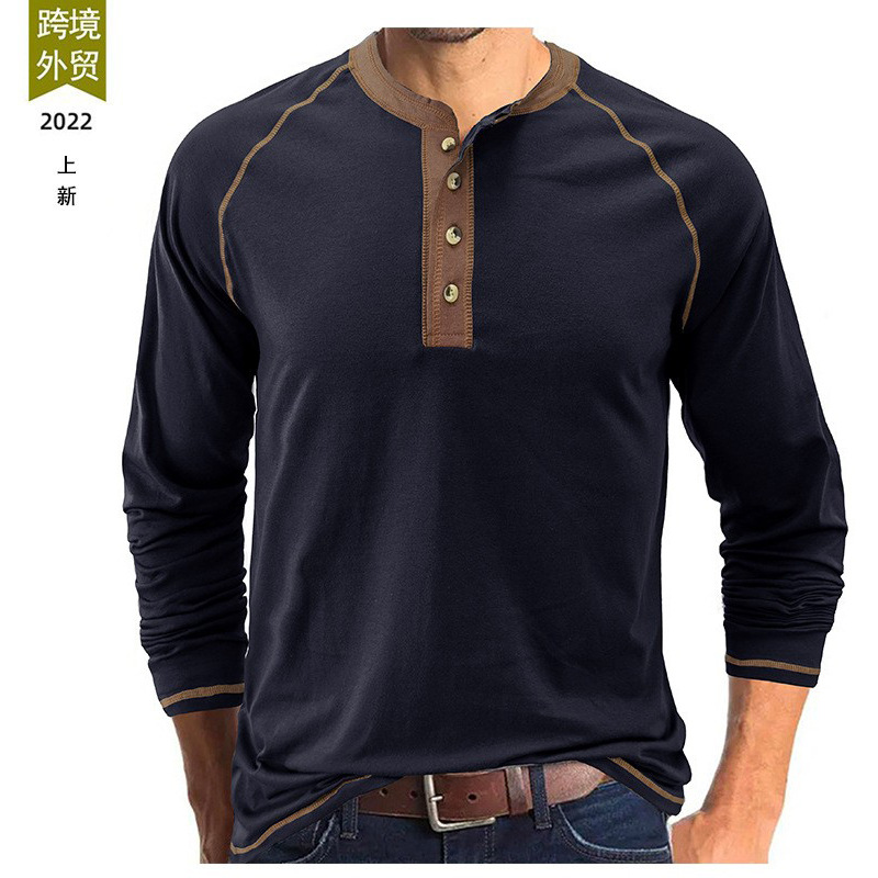 Cross-Border Men's Clothing Fall Winter Men's Henley Shirt European and American Men's Long-Sleeved T-shirt Amazon Foreign Trade Outdoor Bottoming Shirt Speed