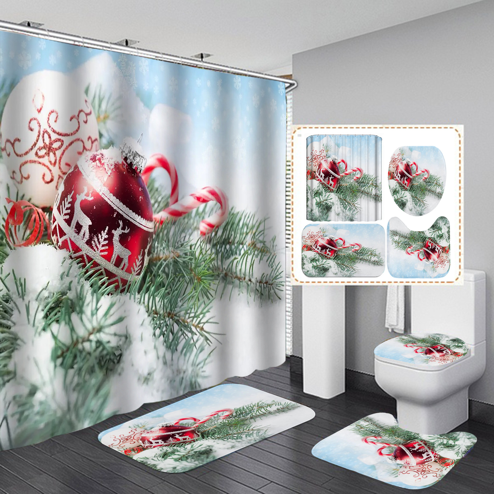 HD Digital Printing Christmas Shower Curtain Set Series Waterproof Punch-Free Partition Curtain Hotel Rain Curtain