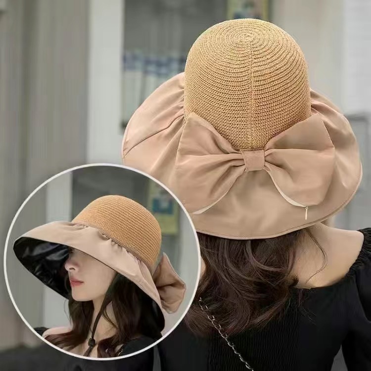 Summer Vinyl Sun Protective Hat Women's Foldable Hollow Bow Wide Brim Bucket Hat Outdoor Sun Hat