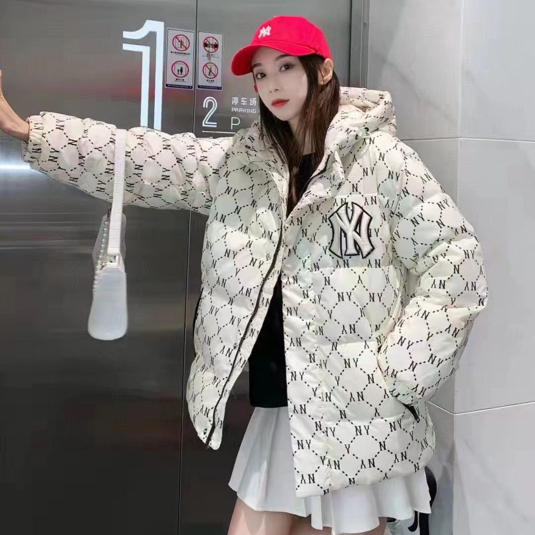 2023冬季新款 mlb字母刺绣老花满印潮流时尚男女情侣ny连帽羽绒服