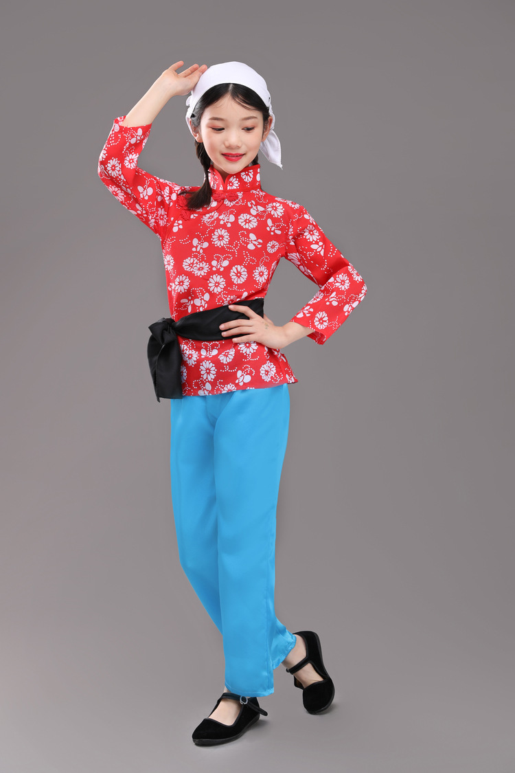 儿童老百姓游击队服演出服装农民村民村姑碎花采茶女阿庆嫂表演服