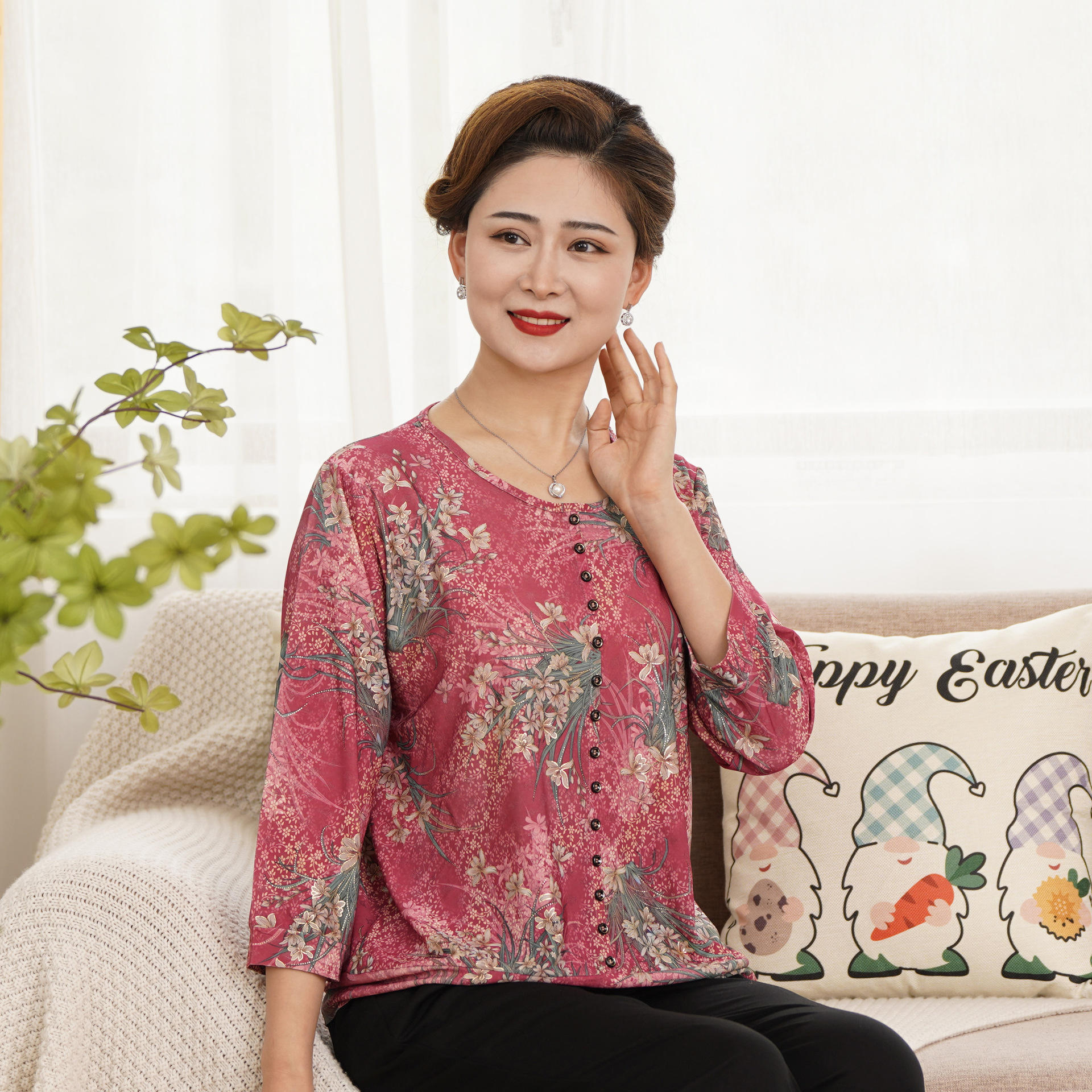 女装中老年春夏冰丝亮金提花雪纺中袖气质超薄透气加大加肥妈妈衫