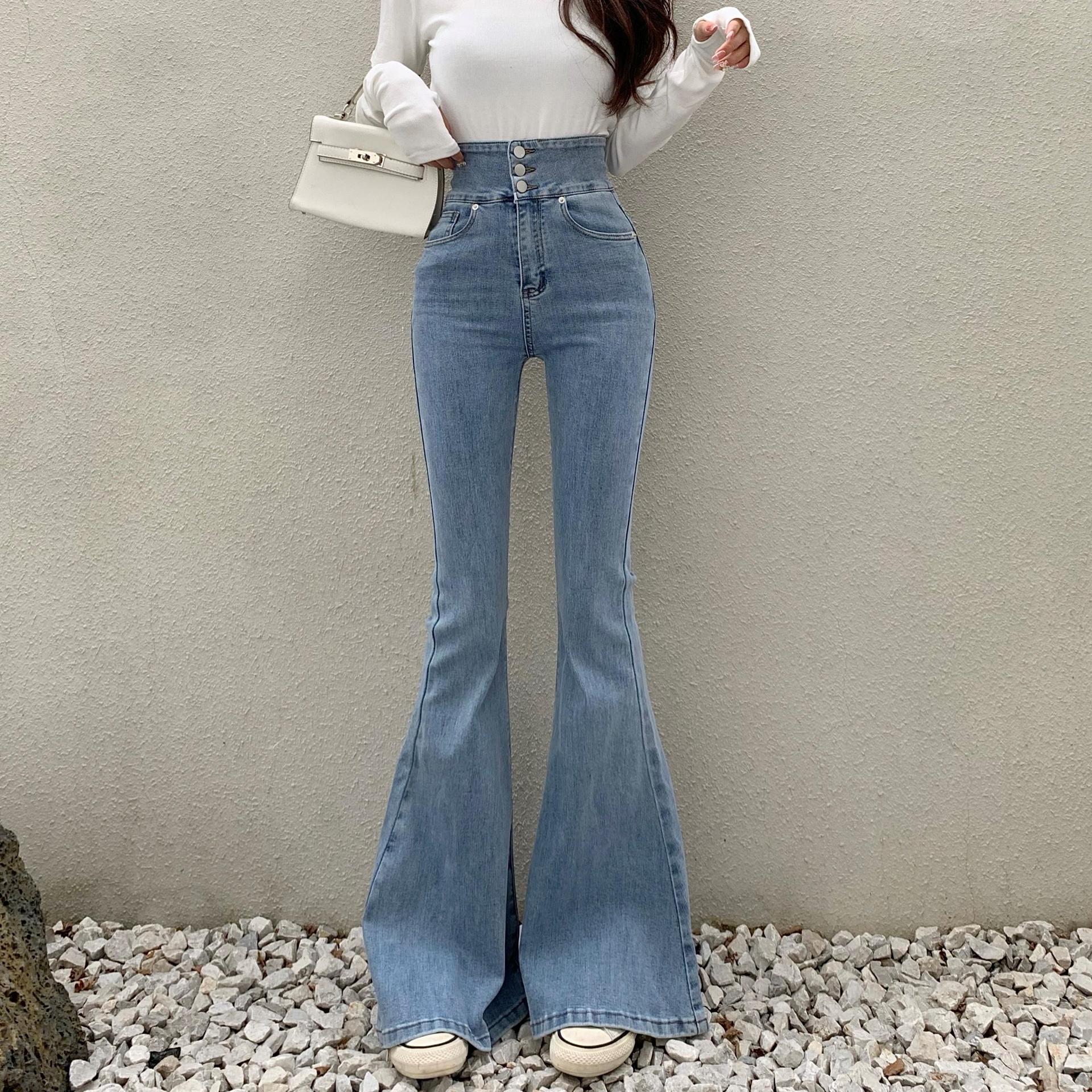 实拍弹力高腰排扣收腰蜜桃臀喇叭裤女2022春装牛仔显瘦长裤q1642