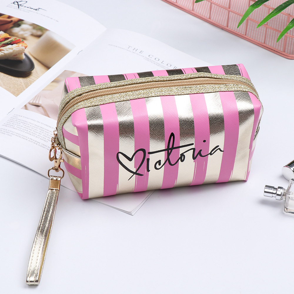 Cross-Border Hot Selling Striped Make-up Bag Pu Wash Bag Multifunctional Cosmetic Bag Waterproof Travel Storage Bag Can Be Customized Logo