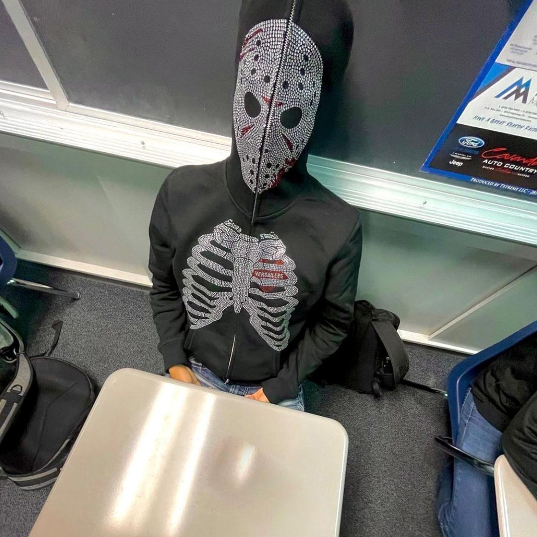 欧美亚马逊跨境外贸街头哥特风连帽衫全拉链骷髅头烫钻