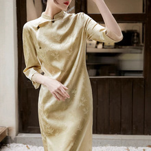 清雅丝竹巨气质淡淡的东方美提花缎松身新中式真丝中长旗袍连衣裙
