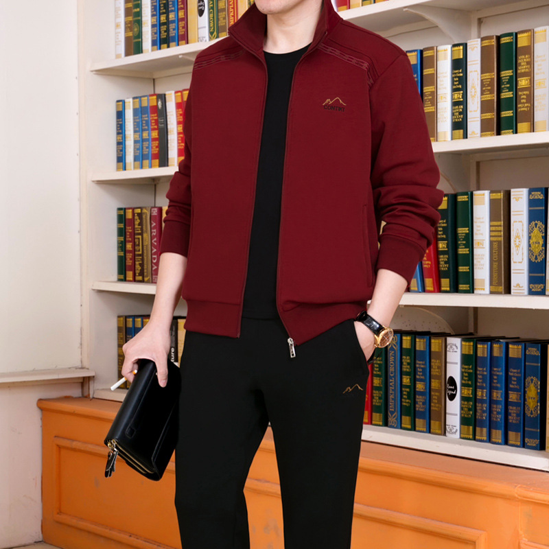 Middle-Aged and Elderly Sports Suit Male Dad Spring and Autumn Coat Red Sweater Middle-Aged Leisure Autumn and Winter Thickening Sportswear