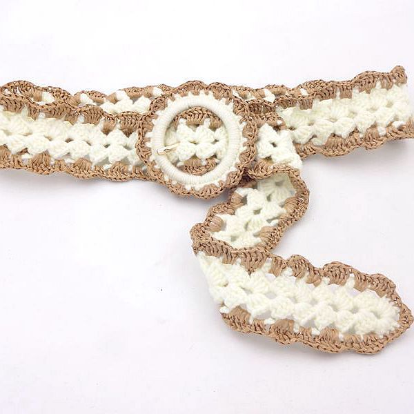 新款跨境爆款pp拉菲草钩针编织宽版腰带 韩版时尚棉绳针扣皮带女