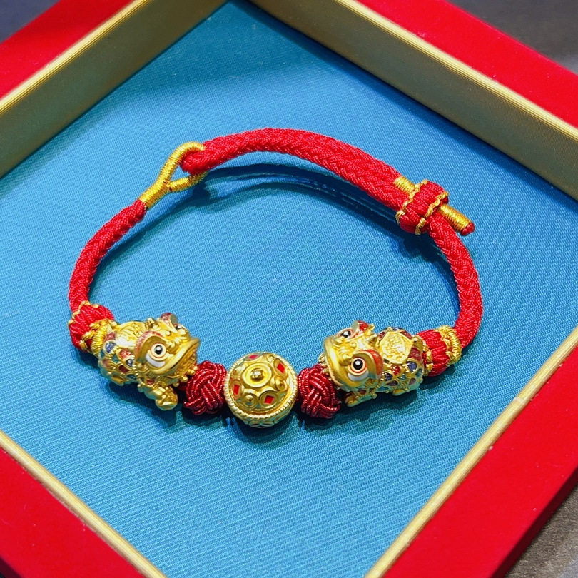 足金999黄金醒狮转动聚宝盆手链 女款3d硬金路路通转运珠纯金手串