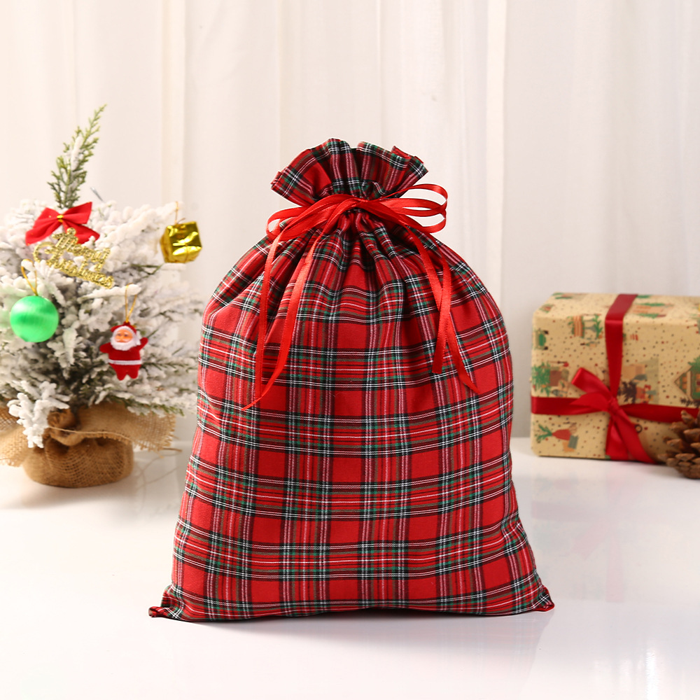 Christmas Red Black Plaid Drawstring Bag Polyester Cotton Sack Candy Biscuit Buggy Bag Drawstring Gift Bag Gift Bag