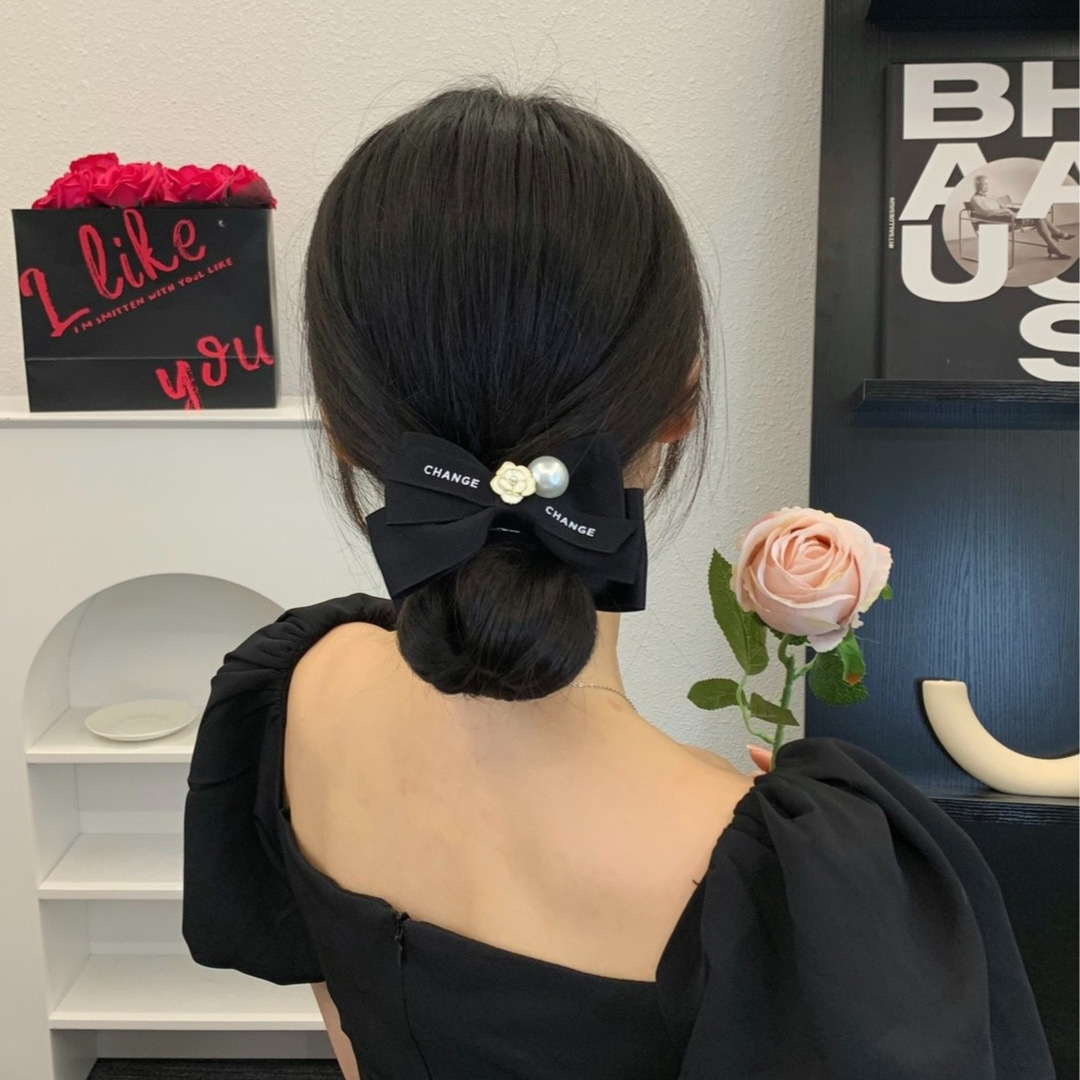 Camellia Pearl Bowknot Barrettes Exquisite Cute Elegant Bun Grip Artifact Female Head Big Headdress