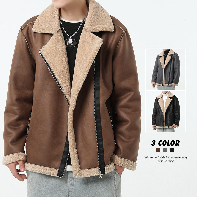 Suede Fur Integrated Fleece-Lined Leather Coat Men's Autumn and Winter Lapel Lambswool Cotton-Padded Coat Men's Motorcycle Leather Jacket