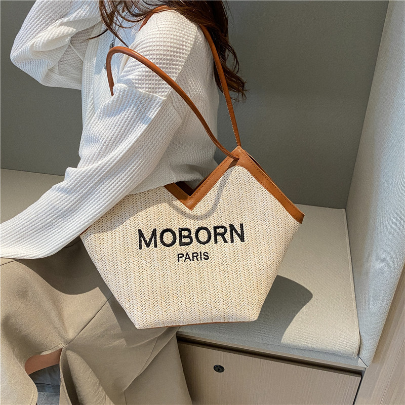 Straw Woven Bag Women's Bag 2022 Autumn New Fashion Letters Large Capacity Totes Sweet Leisure Shoulder Bag