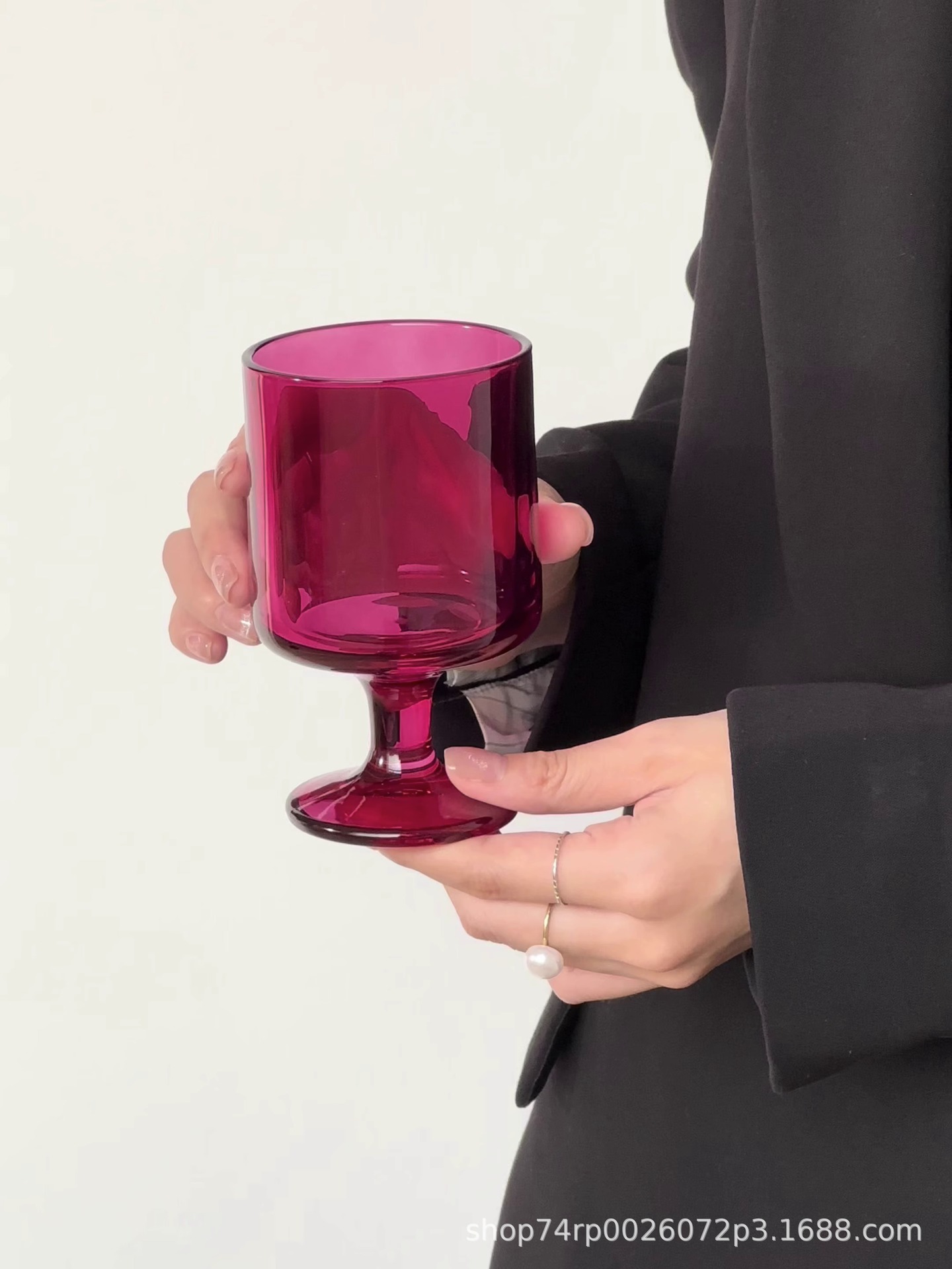 复古创意玫红矮脚杯冰美式拿铁咖啡杯中古水杯鸡尾酒杯特调饮品杯