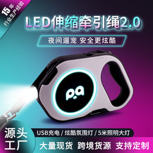 跨境亚马逊发光宠物狗狗用品牵引绳 LED灯自动伸缩牵引绳批发定制