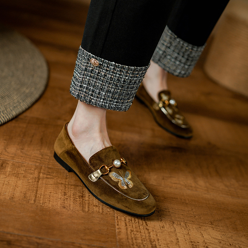 雅诗朗乐福鞋女2024新款春秋非对称金丝绒刺绣圆头深口平底单鞋女