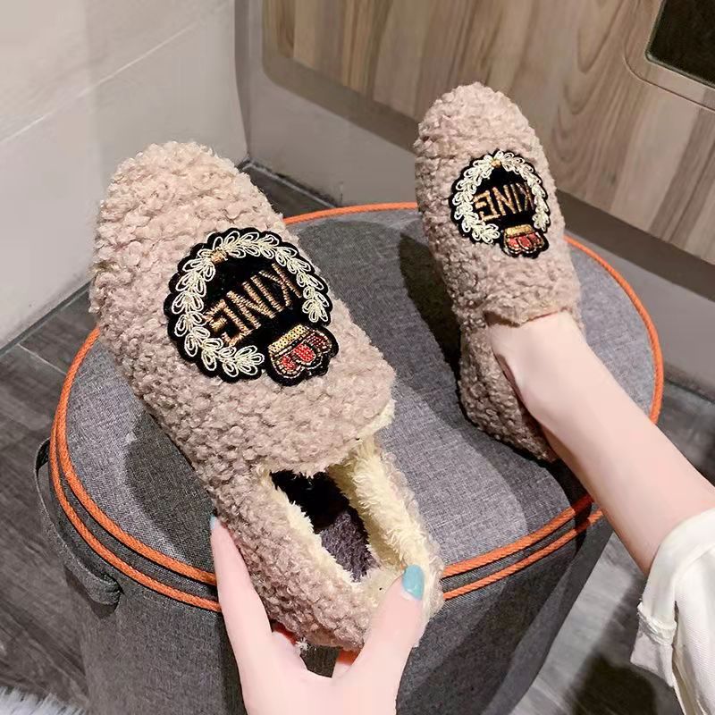 2023 Korean Style Loafers Women's Autumn and Winter Fleece-lined Warm Embroidered Cotton Shoes Fluffy Shoes Versatile Casual Shoes Slip-on