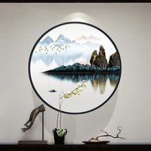 新中式圆形装饰画玄关走廊过道山水墨禅意茶楼客厅卧室实木框挂画