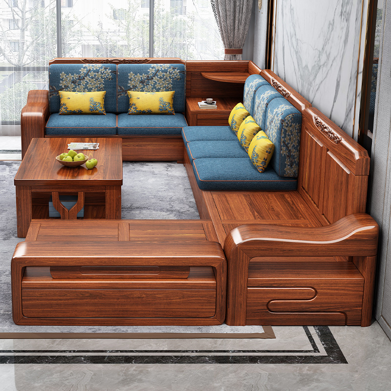 胡桃木实木沙发客厅组合全实木沙发现代简约冬夏两用储物木质家具