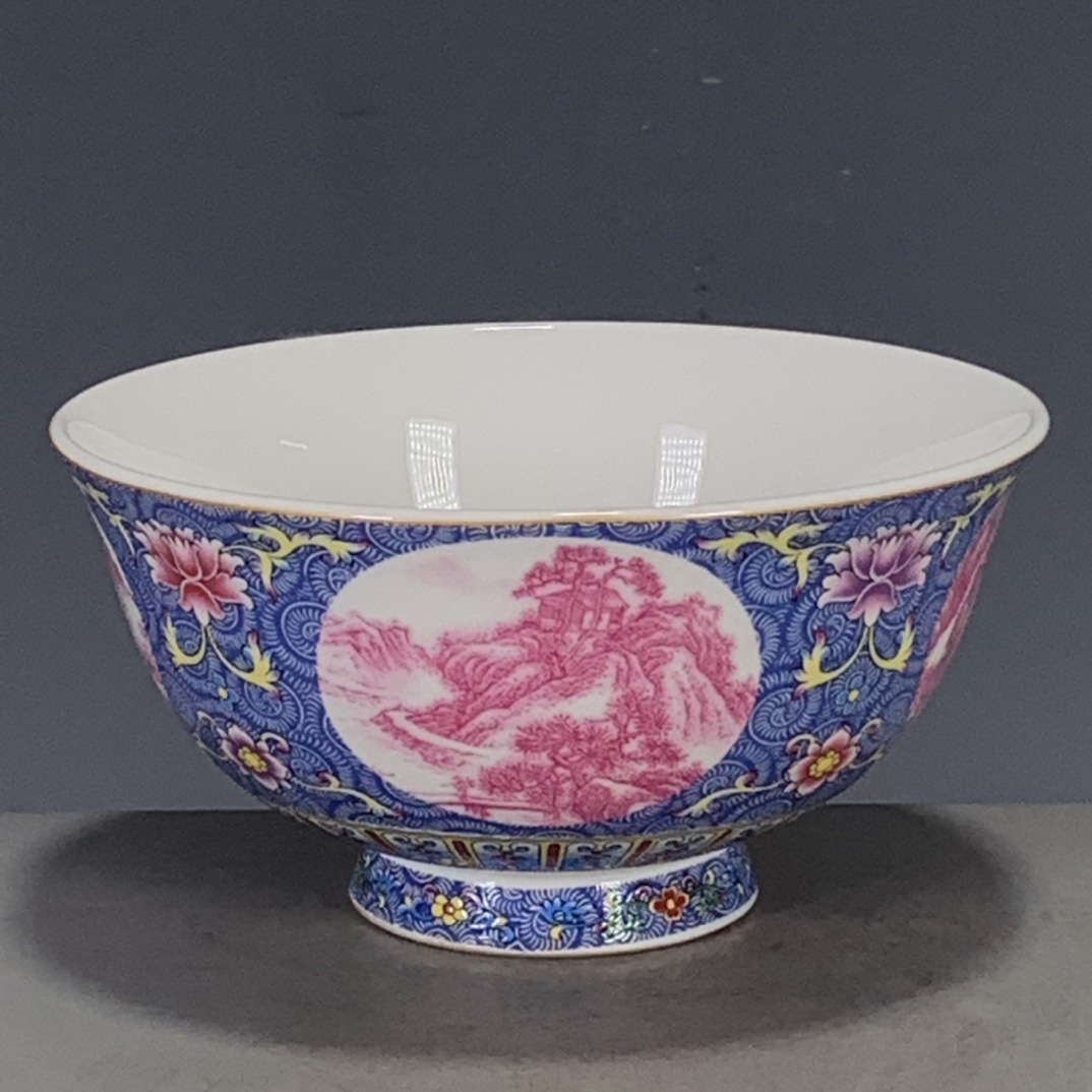 古玩瓷器收藏清代乾隆年制胭脂红开窗山水回流碗全品-阿里巴巴