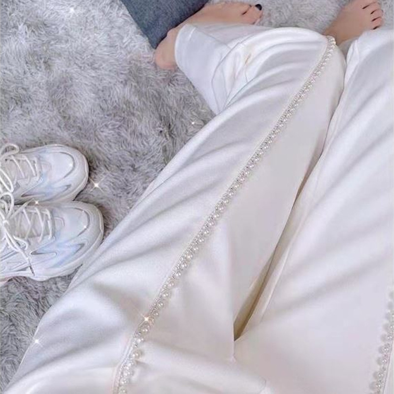 钉珠白色裤子女春秋2022新款早秋韩版高腰显瘦阔腿裤小个子休闲裤