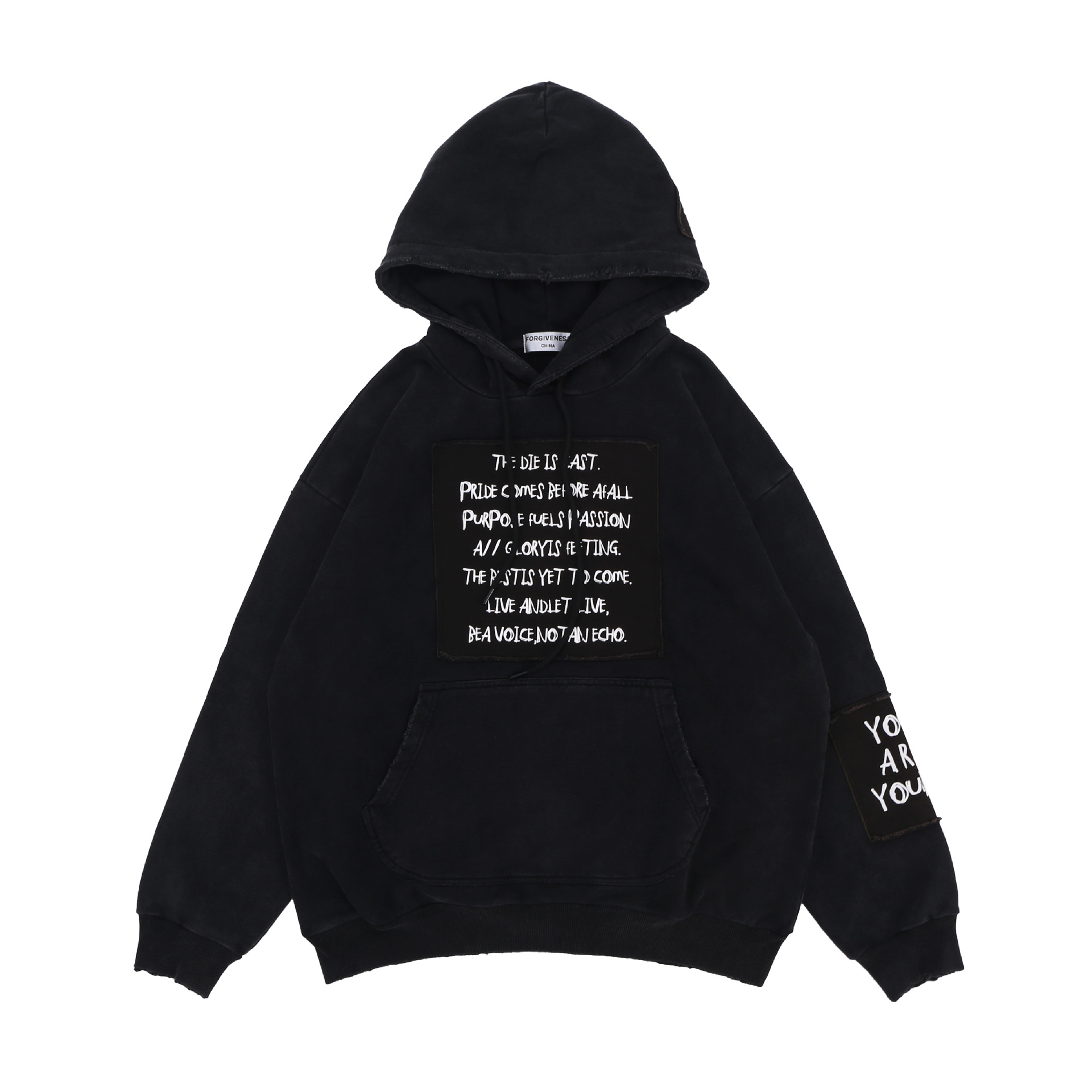 纵驰衣社潮牌ins水洗字母印花贴布刺绣休闲oversize连帽卫衣2023