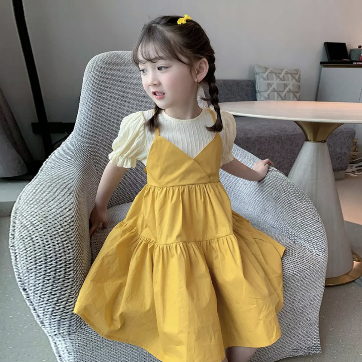 2022夏装新款女童韩版洋气假两件吊带裙宝宝夏季短袖公主裙6325