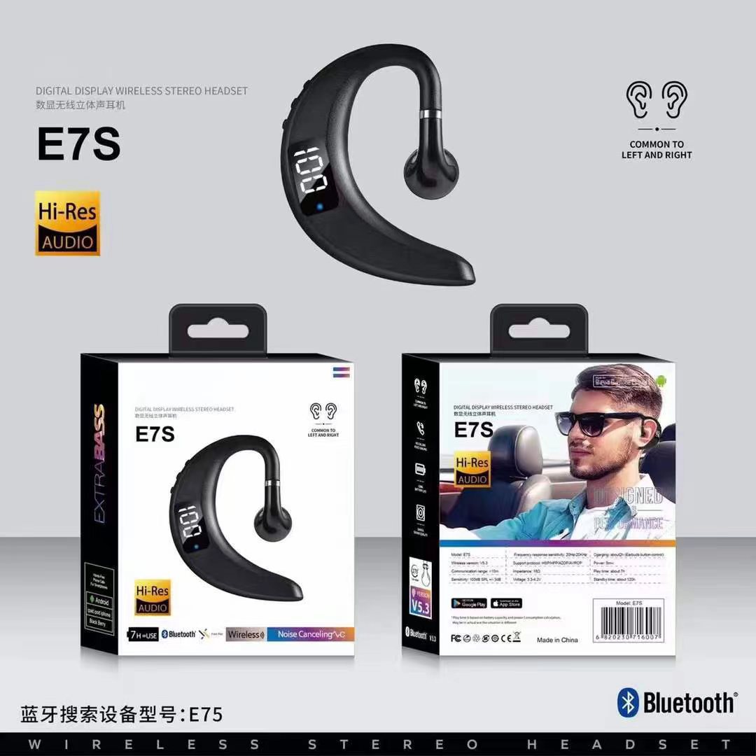 Digital Display E5s Business Single-Ear Bluetooth Car Wireless Ear Hook Bluetooth Headset Real Wireless Single-Side Ear Wholesale