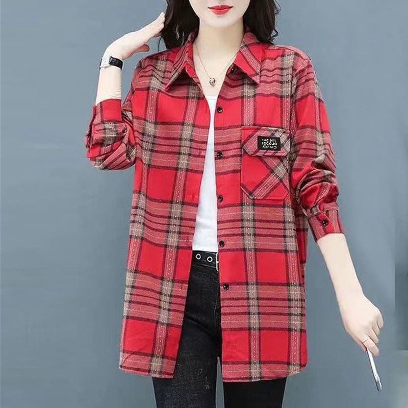 2024 Spring New Middle-Aged Mom Shirt Large Size Loose Casual Polo Collar Long Sleeve Brushed Plaid Shirt