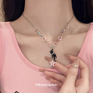 甜酷风小猫爱心镶钻珍珠项链韩国少女心锁骨链时尚小众百搭项饰女