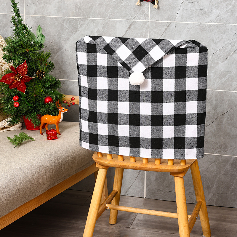 Christmas New Home Decoration Checked Cloth White Fur Ball Chair Cover Christmas Atmosphere Layout Chair Cover Hotel Decoration