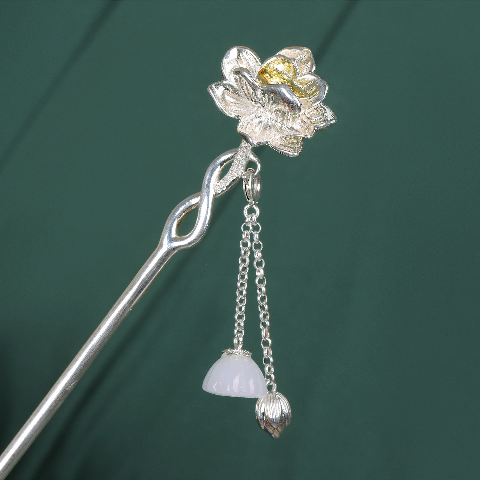 荷花发簪古风s925镀银和田玉莲蓬流苏步摇中国风发钗送女朋友礼物