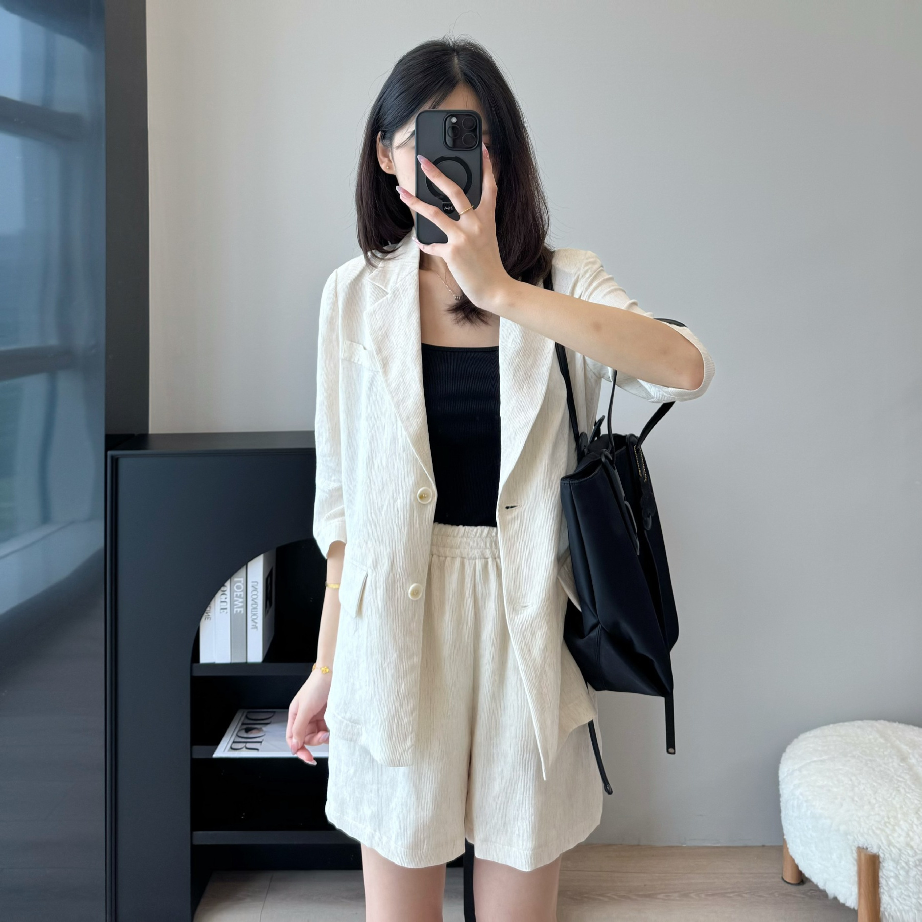 轻社美女~炒洋气显瘦亚麻西装外套 高腰a字短裤夏薄套装新f050713