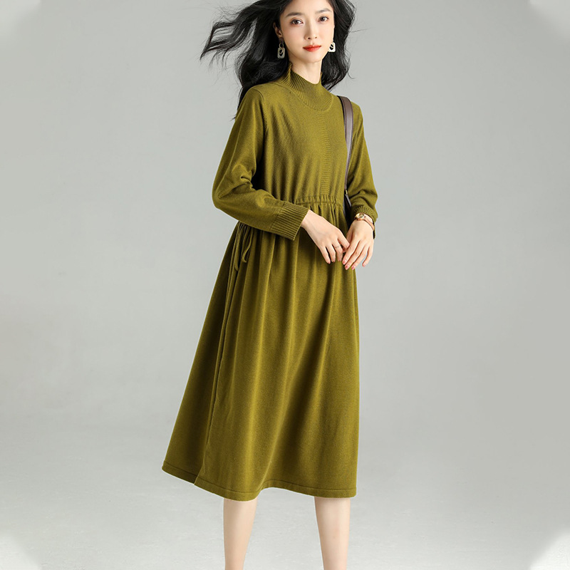 秋冬新款圆领长款针织连衣裙2022时尚过膝连衣裙抽绳显瘦针织长裙